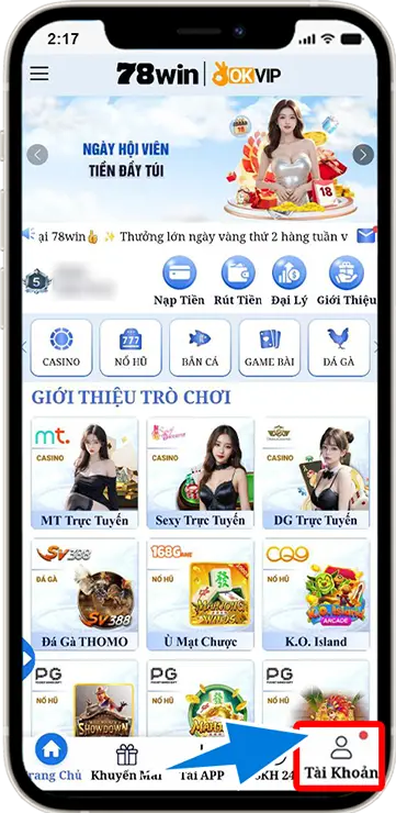 B1 : Tại trang chủ chọn mục tài khoản 